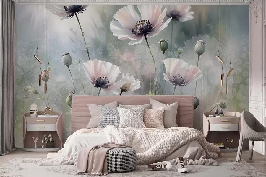 Fototapete Zarte rosa und lila Mohnblumen mit grünen Stängeln und Knospen vor einem weichen, verschwommenen, strukturierten Hintergrund w08585