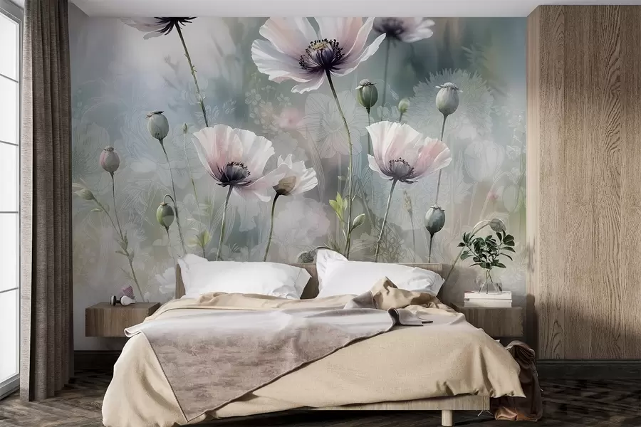 Fototapete Zarte rosa und lila Mohnblumen mit grünen Stängeln und Knospen vor einem weichen, verschwommenen, strukturierten Hintergrund w08585