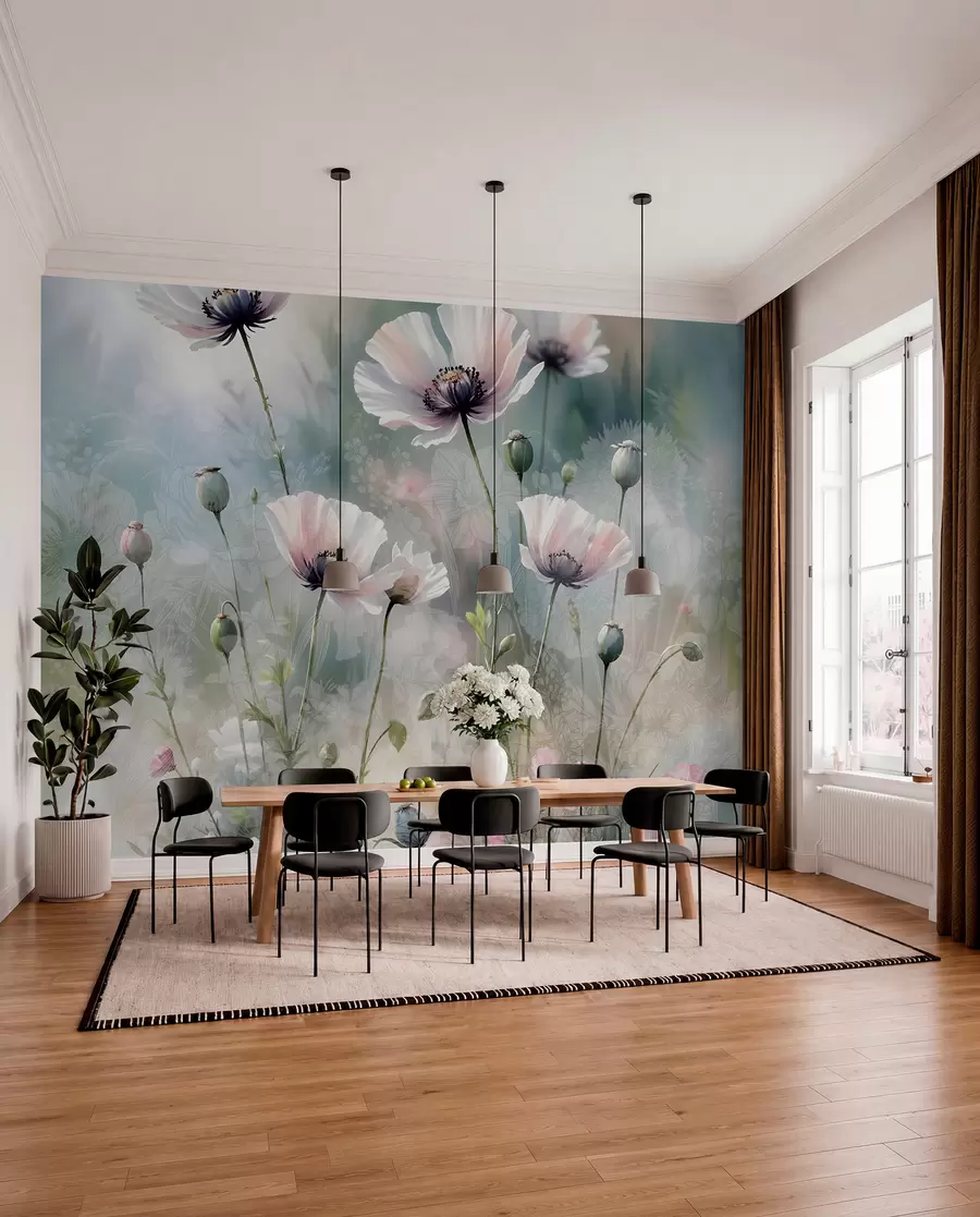 Fototapete Zarte rosa und lila Mohnblumen mit grünen Stängeln und Knospen vor einem weichen, verschwommenen, strukturierten Hintergrund w08585