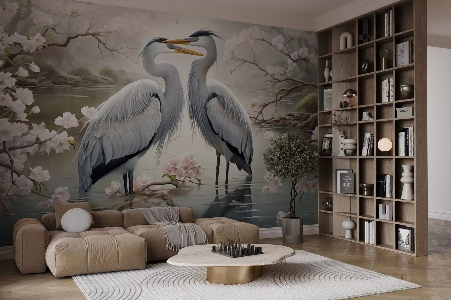 Fototapete Ein Storchenpaar in einem blühenden Garten w02621