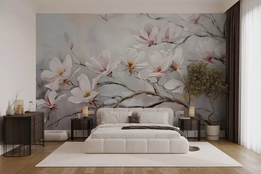 Fototapete Zarte rosa Magnolienblüten blühen auf kahlen Ästen vor einem weichen, dunstigen Hintergrund w08589