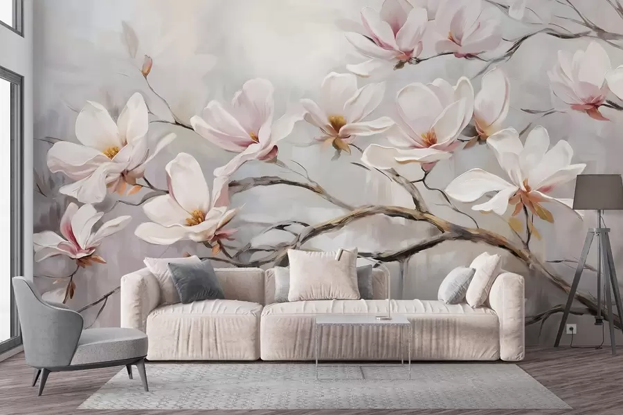 Fototapete Zarte rosa Magnolienblüten blühen auf kahlen Ästen vor einem weichen, dunstigen Hintergrund w08589