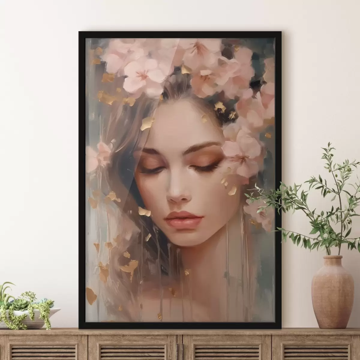 Poster Gesicht eines Mädchens und Blumen f42300