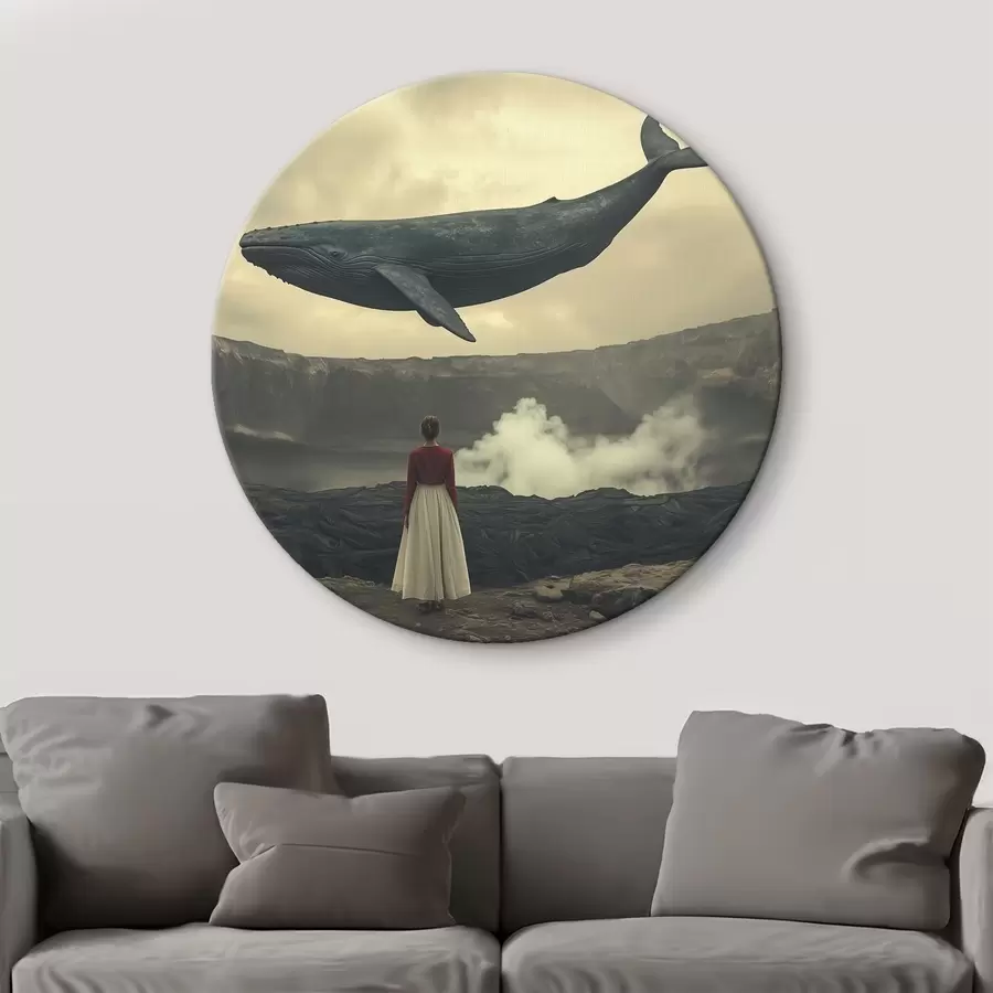 Wandbilder Mädchen auf Lava mit einem großen fliegenden Wal am Himmel r40986