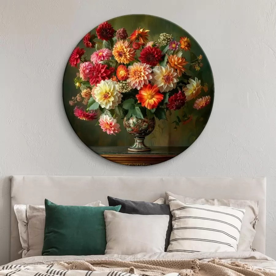 Wandbilder Ein üppiger Blumenstrauß aus Chrysanthemen in einer Vase vor einem Hintergrund aus sattem Grün r41001