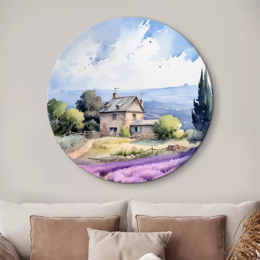 Wandbilder Landhaus mit Bergen im Hintergrund in der Nähe eines Lavendelfeldes r41012
