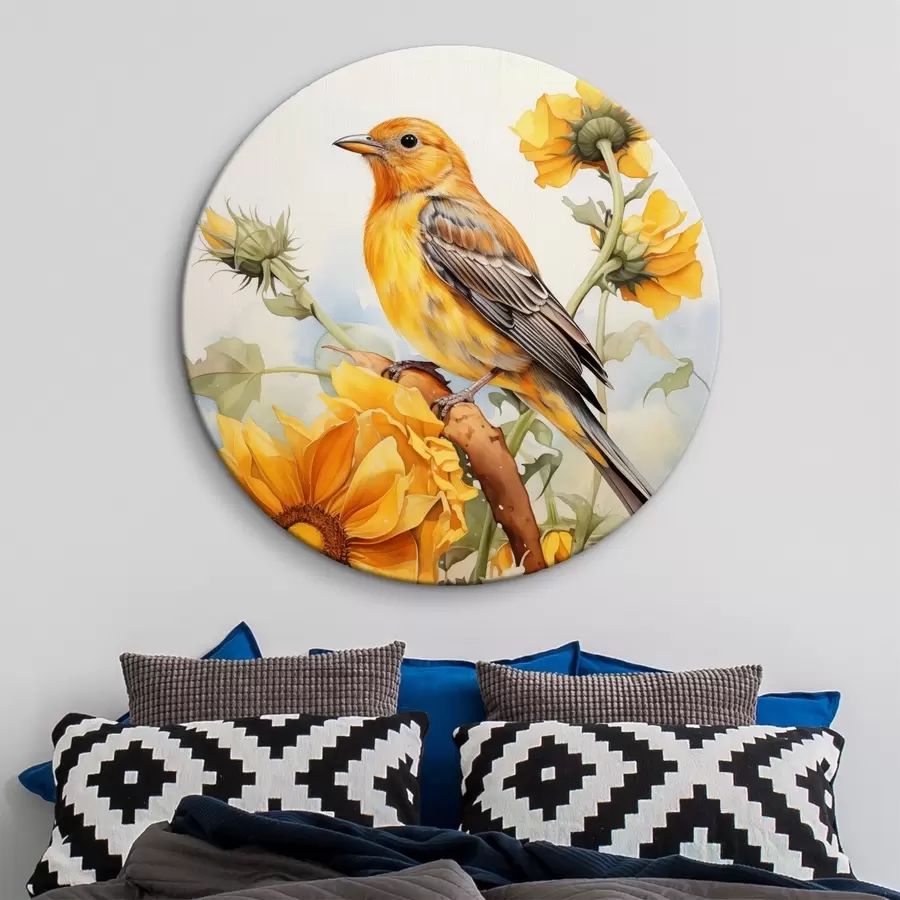 Wandbilder Gelber Vogel sitzt auf einer Sonnenblume Aquarell r41015