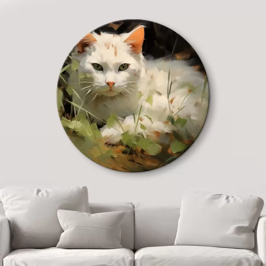 Wandbilder Weiße Katze im Gras liegend, Nachahmung von Pinselstrichen r41017