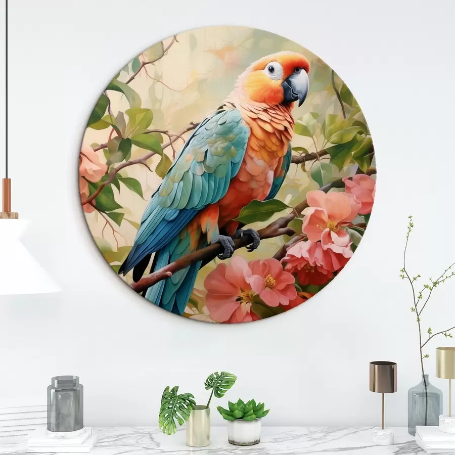 Wandbilder Hänflingspapagei auf einem Zweig mit rosa Blüten sitzend r41018