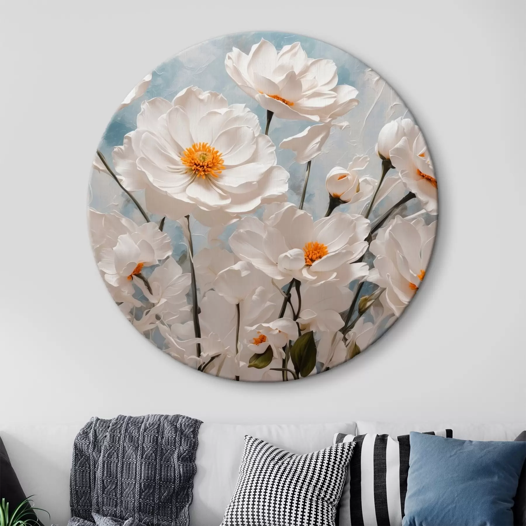 Wandbilder Weiße Blumen auf einem blauen und weißen Öl-Hintergrund r41041