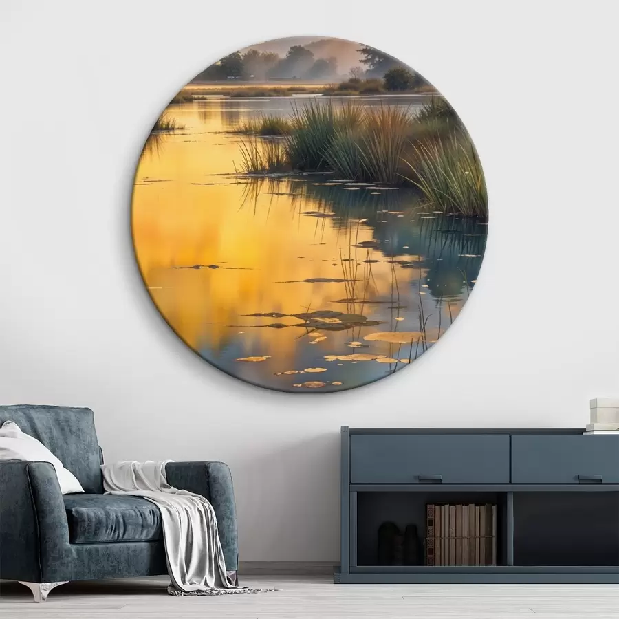 Wandbilder Ruhiger See, umgeben von Kiefern bei Sonnenuntergang, mit nebligem, ruhigem Wasser r41088