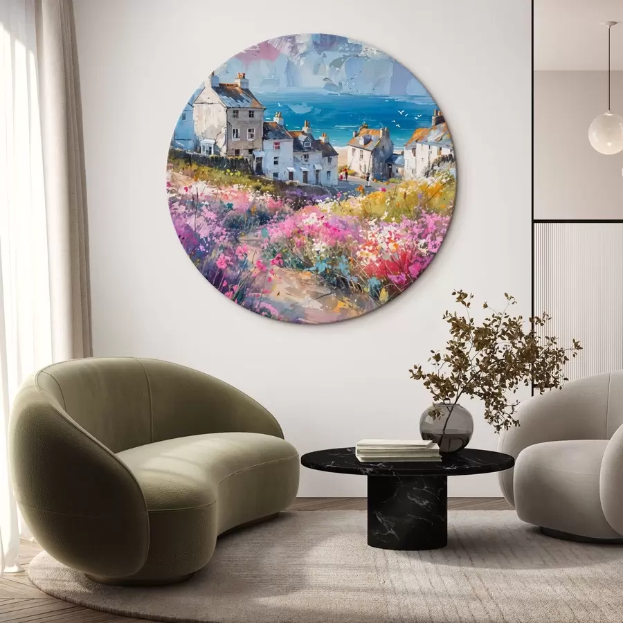 Wandbilder Ein farbenfrohes Ölgemälde, das eine Stadt am Meer mit weißen Häusern und einem blühenden Blumengarten im Vordergrund zeigt r41090