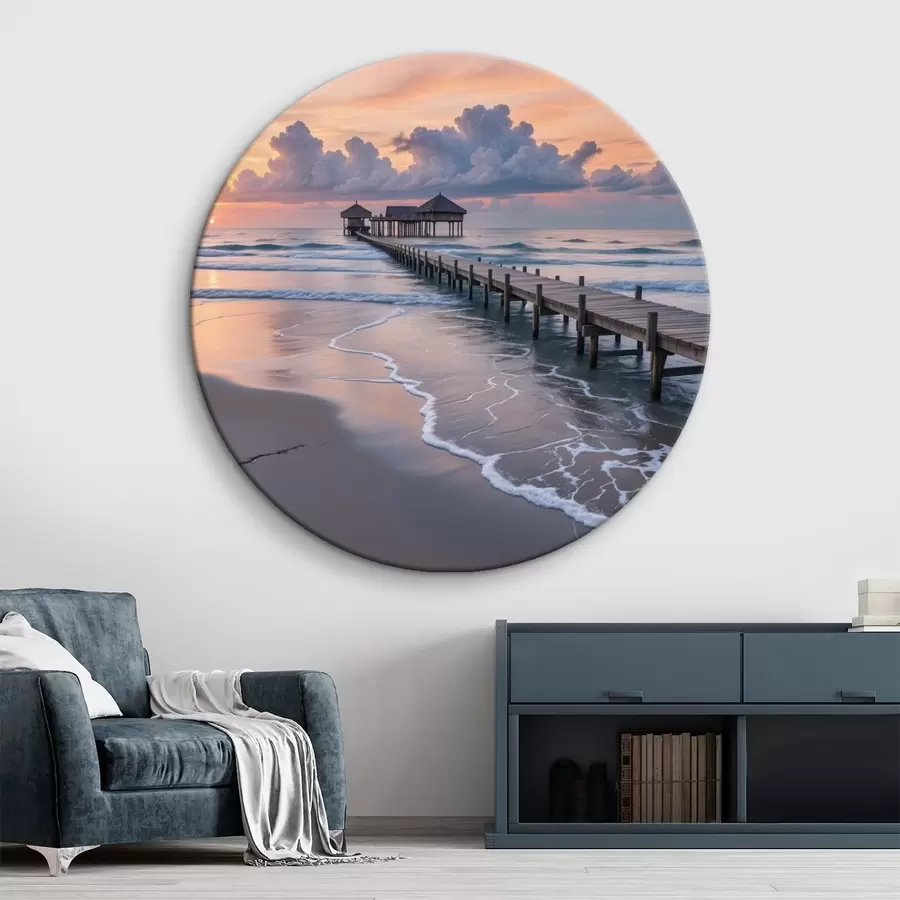 Wandbilder Holzsteg mit Blick auf den ruhigen Ozean bei Sonnenuntergang mit bunten Wolken r41091