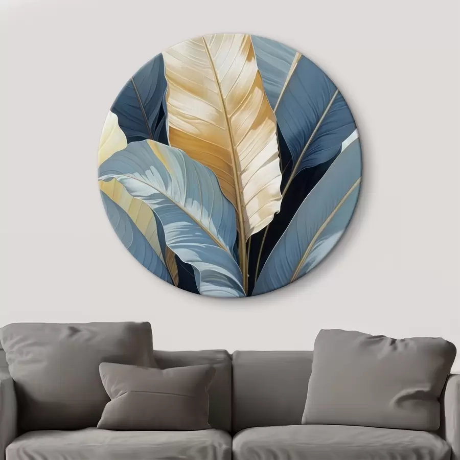 Wandbilder Tropische Blätter mit blauen und gelben Schattierungen, große Palmen- oder Bananenblätter mit üppigem natürlichen Hintergrund r41097