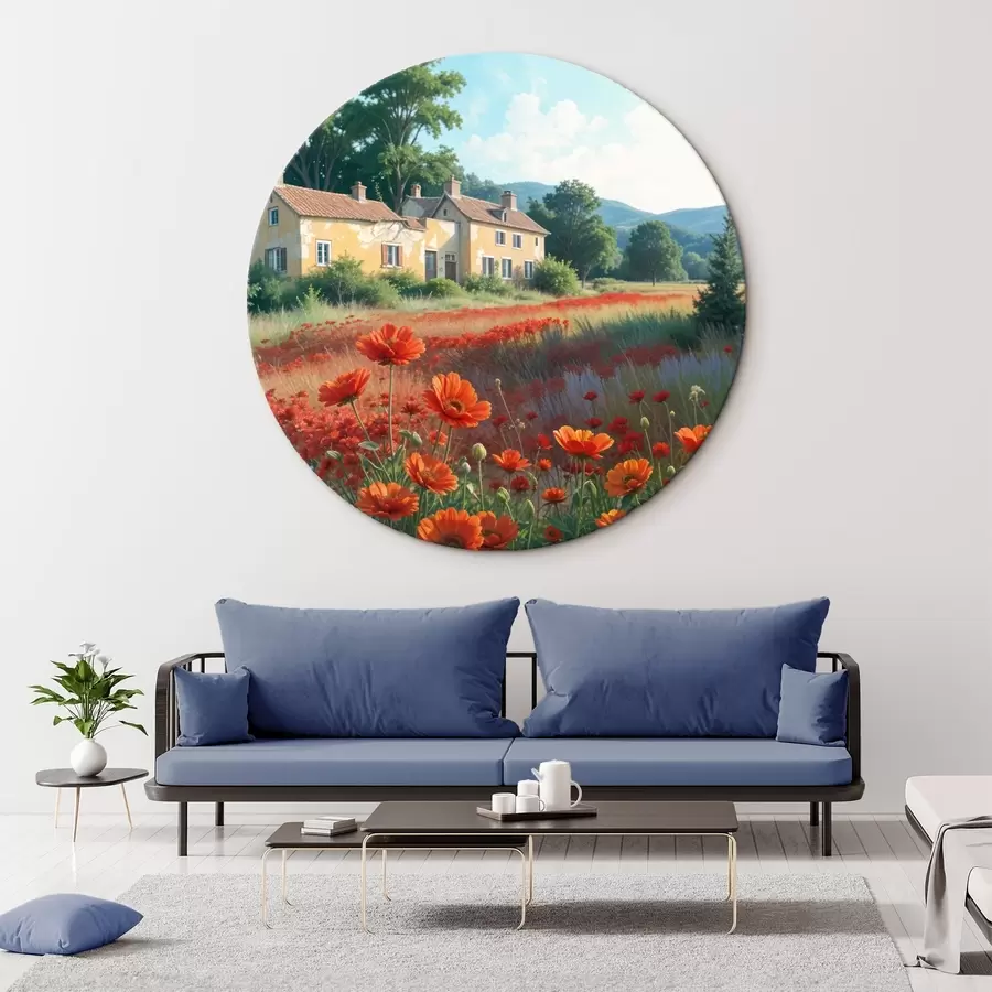 Wandbilder Ein Feld voller leuchtend roter Mohnblumen im Vordergrund, mit einer Reihe reizvoller gelber und weißer Häuser im Hintergrund r41260