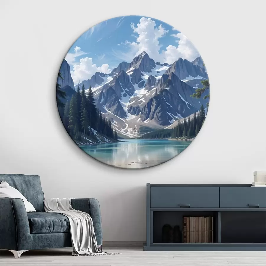 Wandbilder Ein ruhiger Alpensee, umgeben von majestätischen schneebedeckten Bergen, mit einem dichten Wald und einem bewölkten Himmel r41264