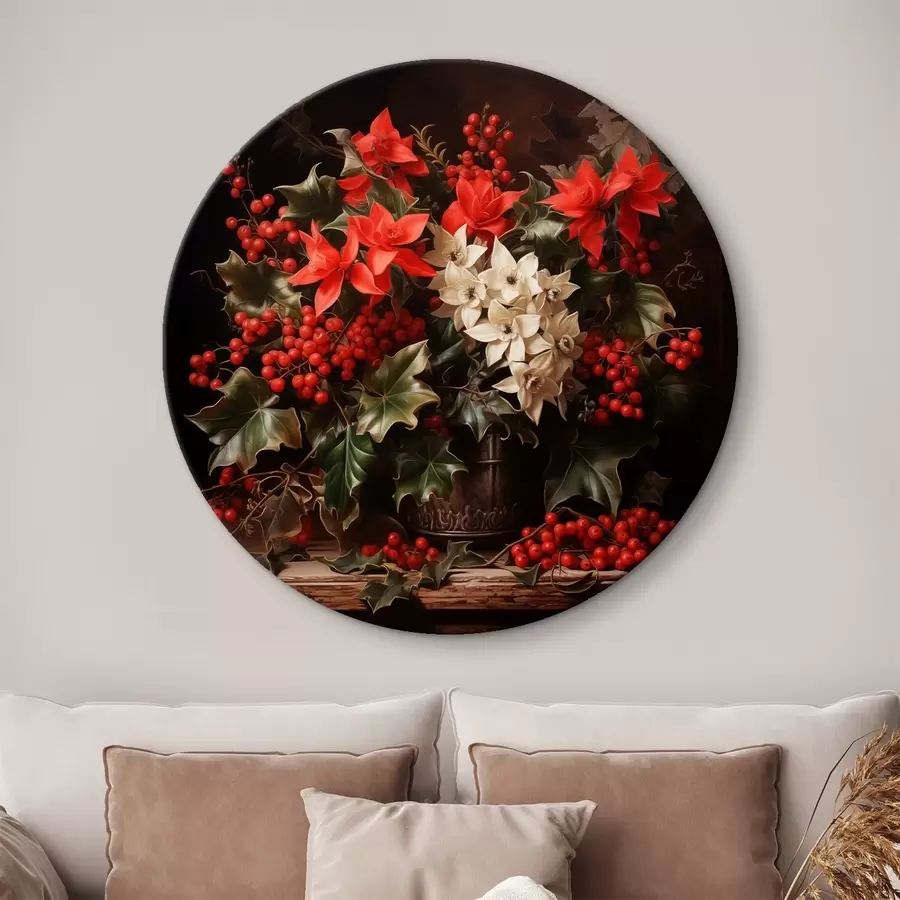 Wandbilder Blumenstrauß mit Stechpalmen und Weihnachtsblumen auf einem dunklen Hintergrund r41272