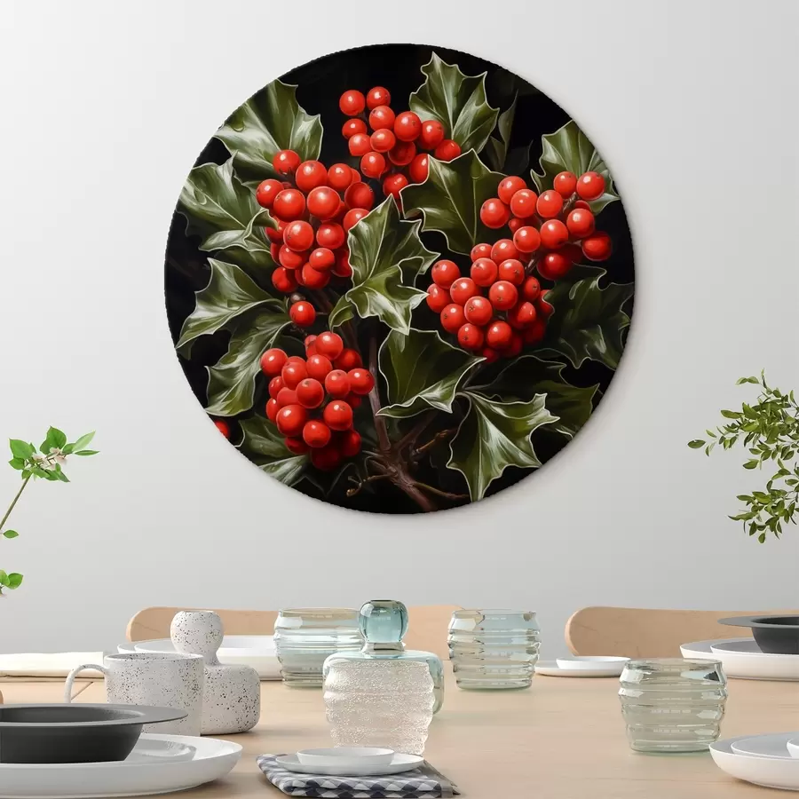 Wandbilder Stechpalmenbeeren und Blätter auf dunklem Hintergrund r41273