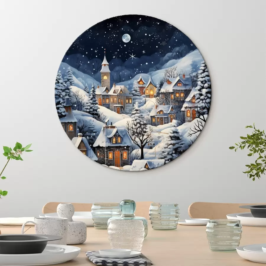 Wandbilder Winterlandschaft mit schneebedeckten Landhäusern vor dem Hintergrund des nächtlichen Sternenhimmels r41275