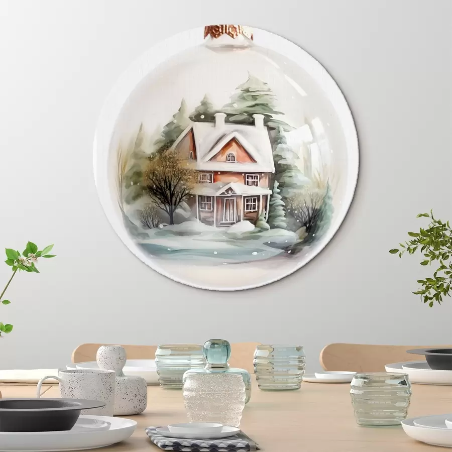 Wandbilder Kristallkugel mit Aquarellhaus und Bäumen im Schnee r41365