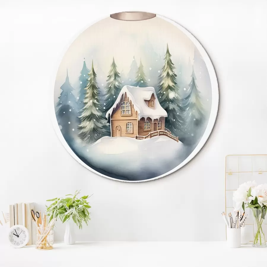 Wandbilder Aquarell Kristallkugel mit Winterlandschaft, Haus im Wald, Schnee r41366
