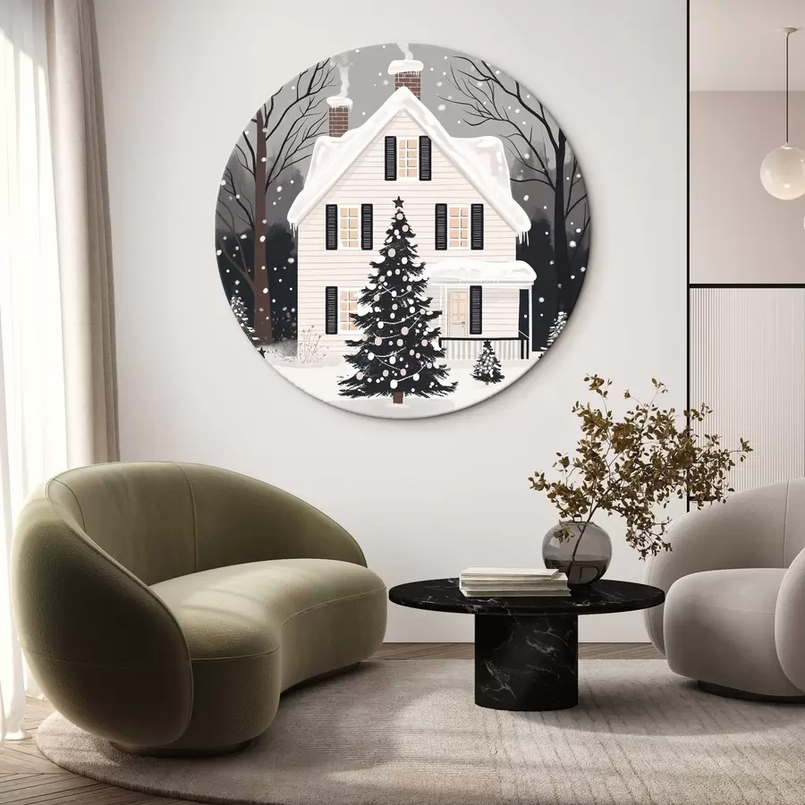 Wandbilder Winterstadt, geschmückter Tannenbaum, Weihnachten, Wald, schönes Haus r41371