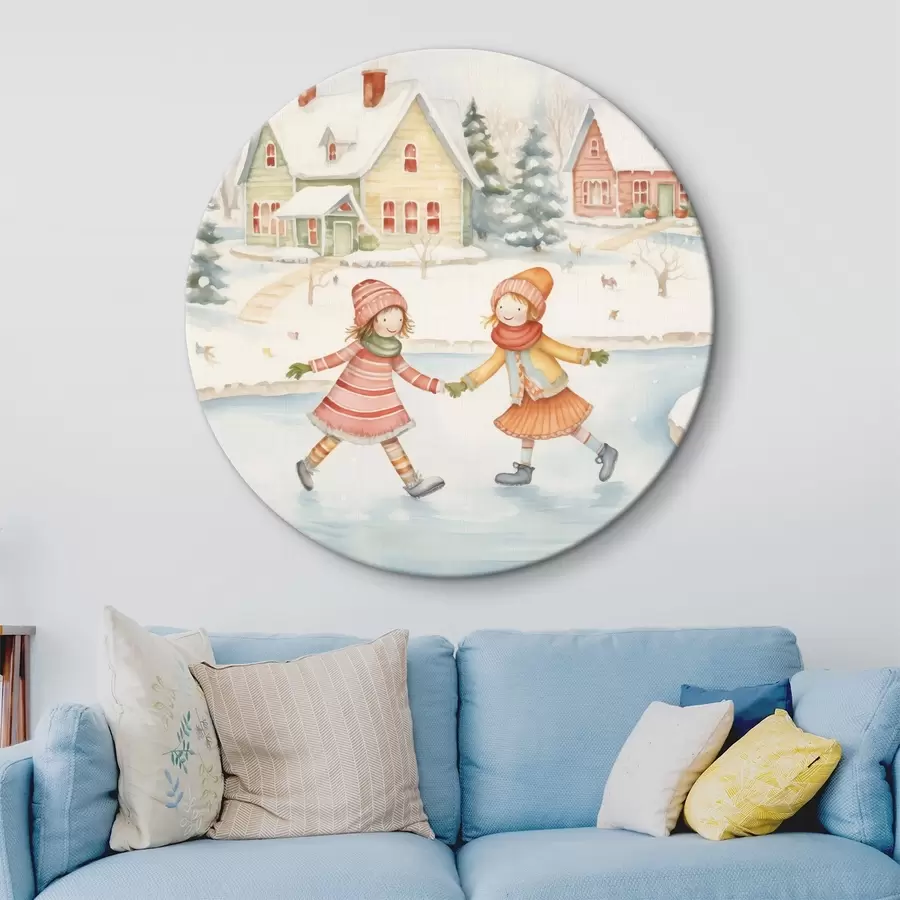 Wandbilder Winterszene mit zwei Mädchen beim Schlittschuhlaufen, Winterstadt, Häuser, Wald r41377