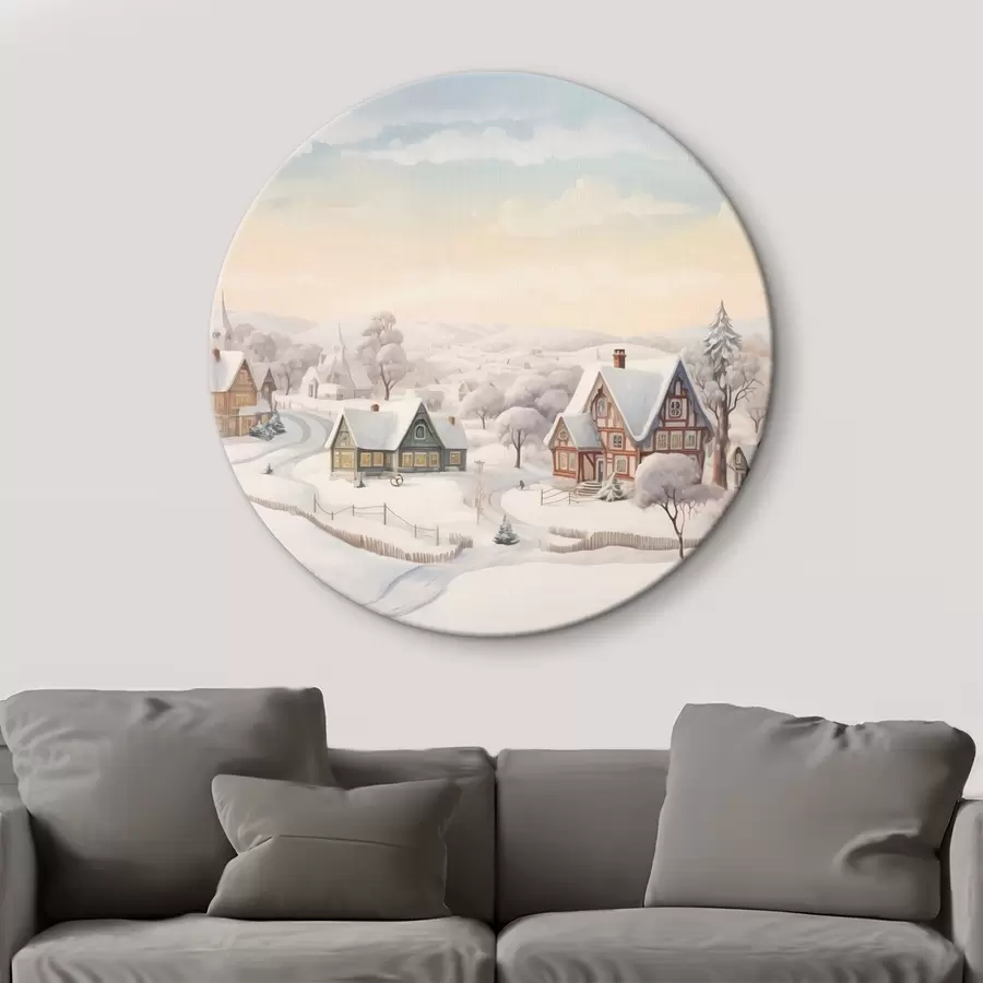 Wandbilder Schöne Winterlandschaft mit Dorf, Bäumen, Häusern, Aquarell r41379