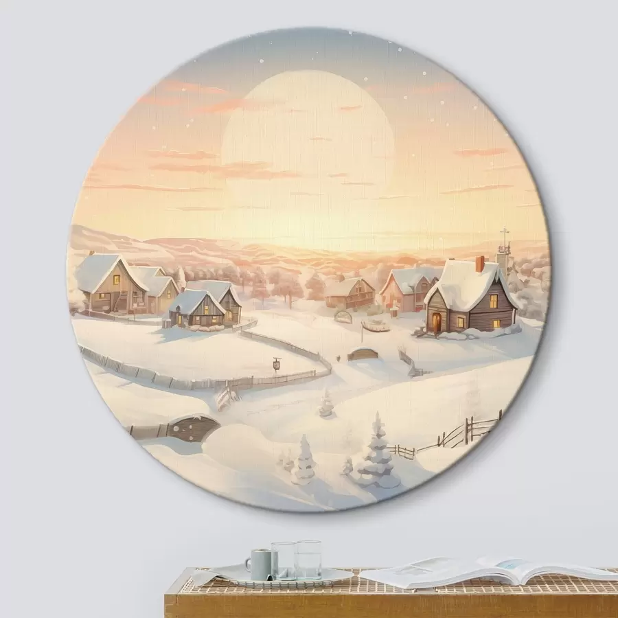 Wandbilder Winterdorf bei Sonnenuntergang, Häuser mit Schnee bedeckt, Kiefern r41380