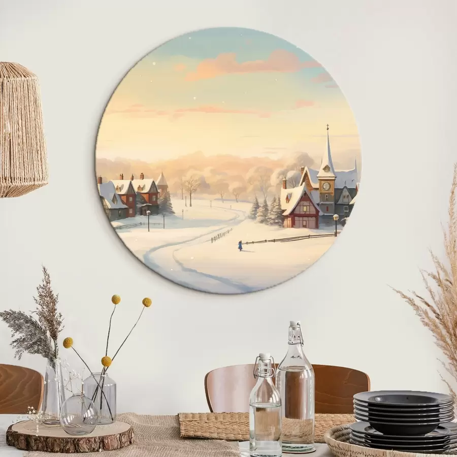 Wandbilder Winterwunderland, Häuser, Sonnenuntergang Himmel, Bäume, Aquarell r41383