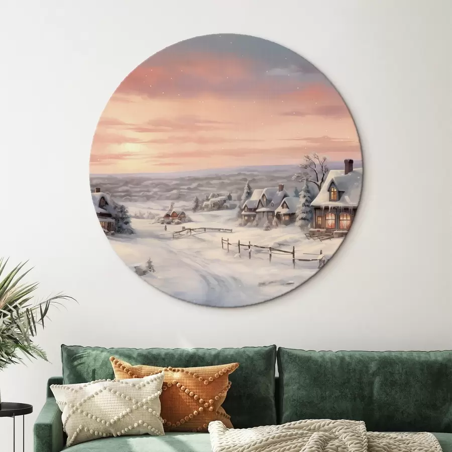 Wandbilder Sonnenuntergang im Winterdorf, rustikal, Aquarell, Schneeflocken r41386