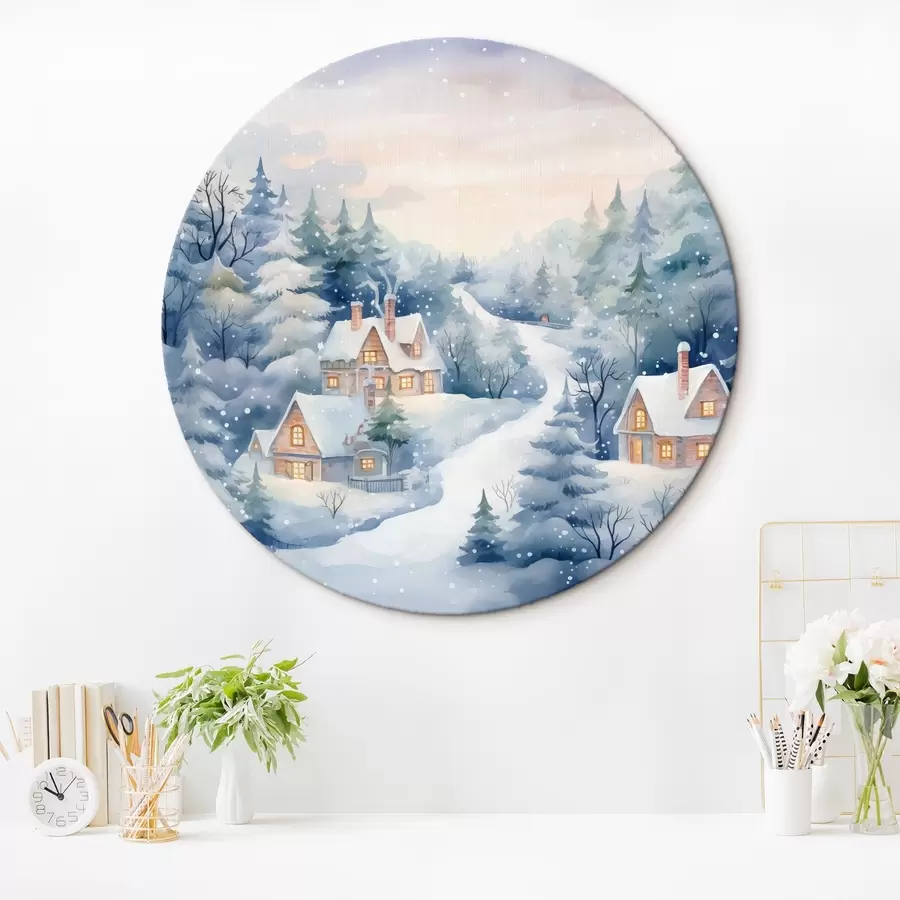 Wandbilder Aquarell Winterlandschaft, Kiefernwald, Häuser r41387