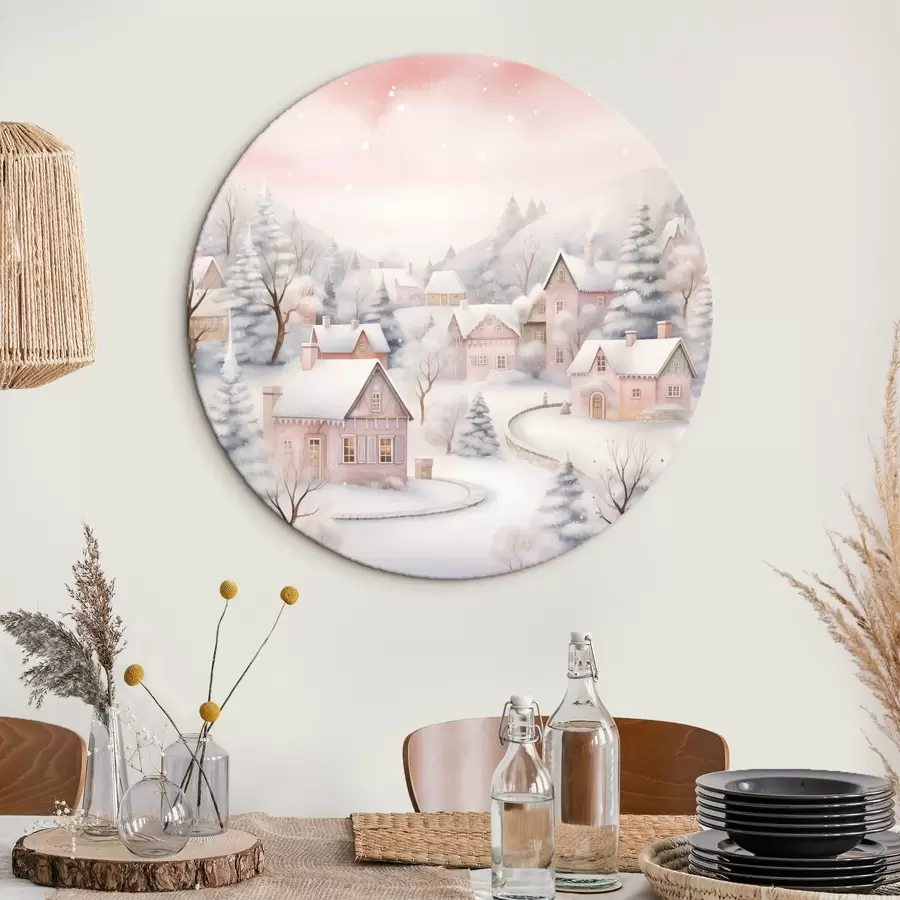 Wandbilder Aquarell Winterdorf, Kiefernwald, Häuser, Berge, weiche Pastellfarben r41388