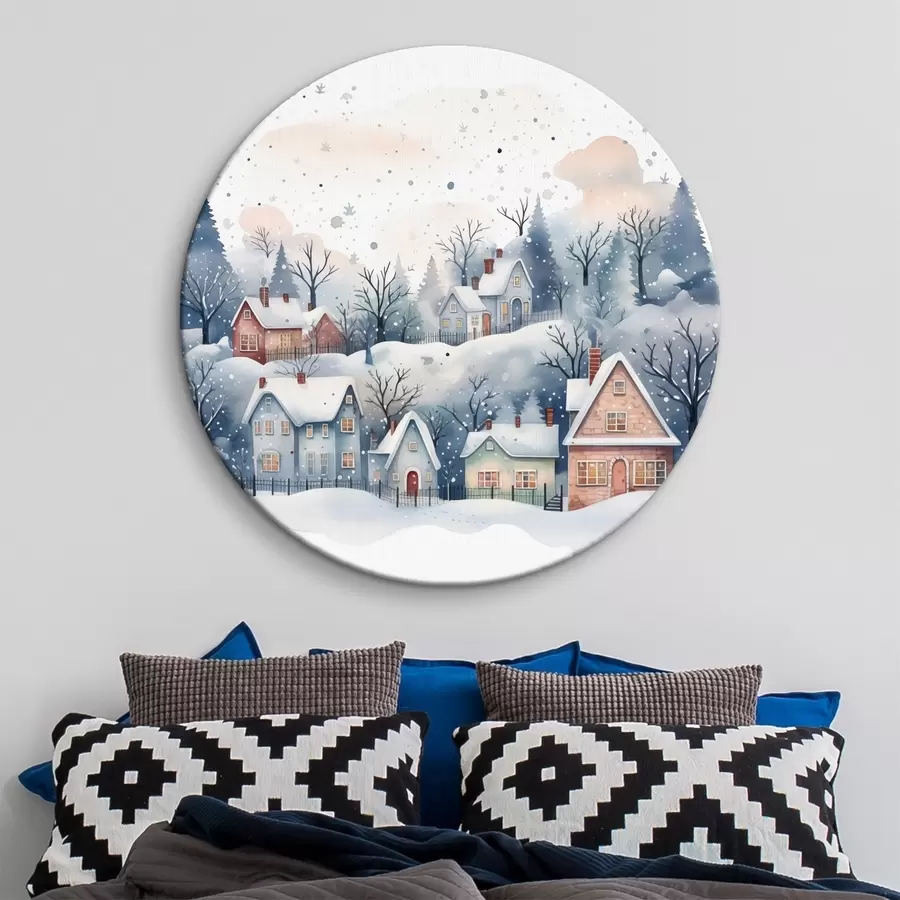 Wandbilder Aquarell Winterlandschaft mit Häusern und Kiefernwald r41389