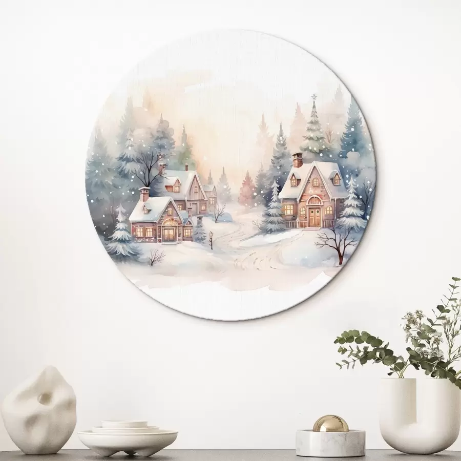 Wandbilder Winterlandschaft, Kiefernwald, schöne Häuser, Aquarell, Susnet r41390