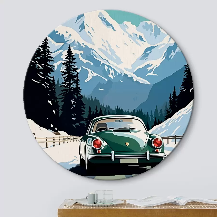 Wandbilder Retro-Auto auf einer winterlichen Bergstraße r41478