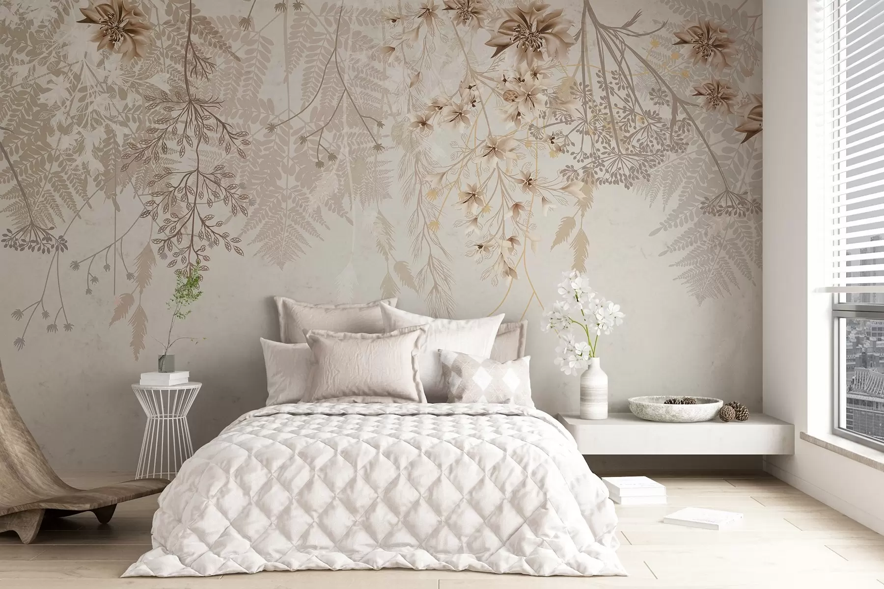 Fototapete Zarte Blumenzweige und Gras mit weißen, grauen und beigen Blumen, die über einen hellen Hintergrund fallen w08598