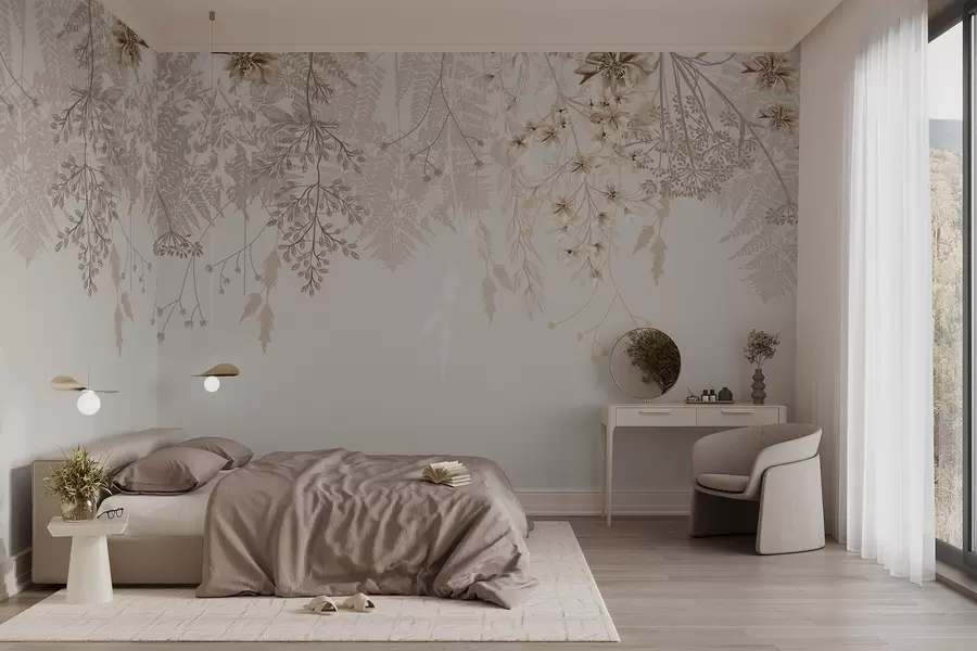 Fototapete Zarte Blumenzweige und Gras mit weißen, grauen und beigen Blumen, die über einen hellen Hintergrund fallen w08598