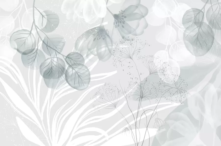 Fototapete Florale Eukaliptus-Elemente in Blau- und Weißtönen mit sich überlappenden Blättern und Blütenblättern im minimalistischen Stil w08599