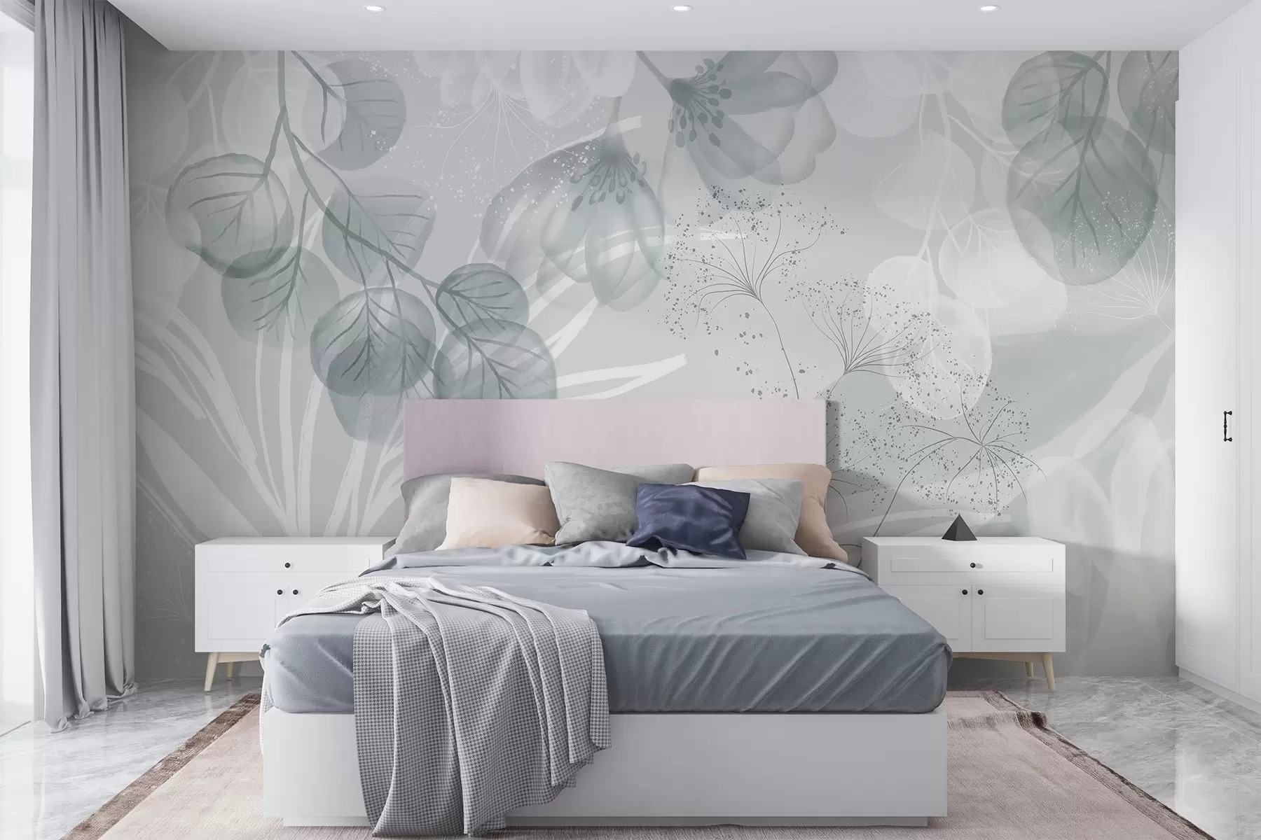 Fototapete Florale Eukaliptus-Elemente in Blau- und Weißtönen mit sich überlappenden Blättern und Blütenblättern im minimalistischen Stil w08599