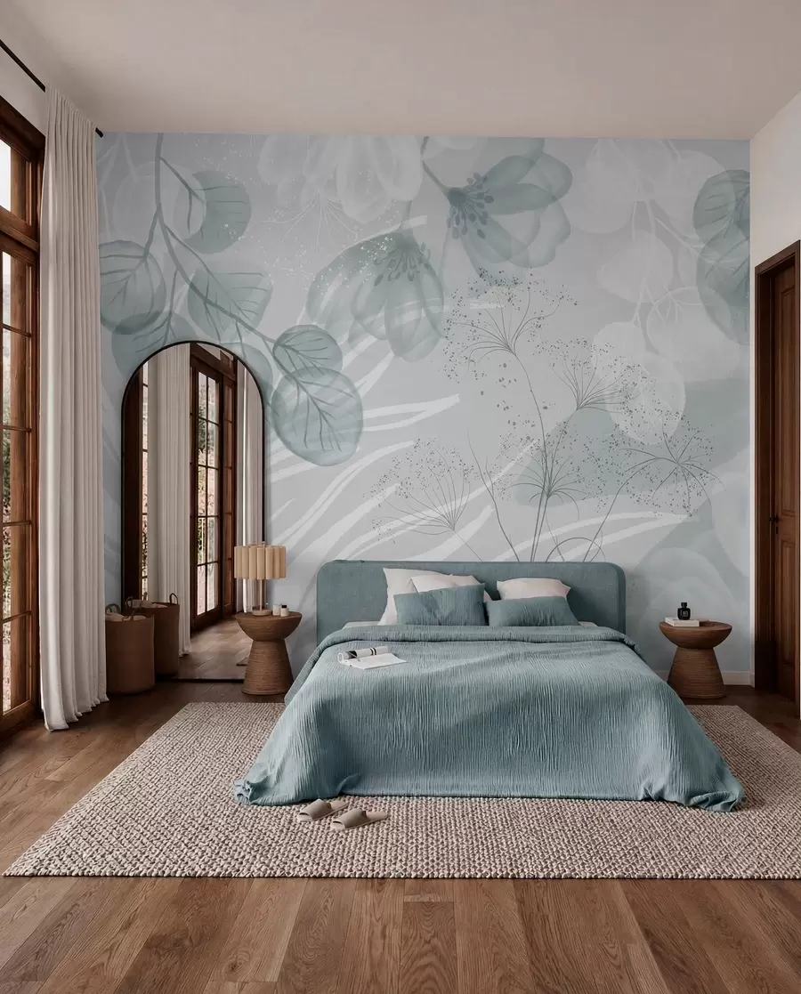 Fototapete Florale Eukaliptus-Elemente in Blau- und Weißtönen mit sich überlappenden Blättern und Blütenblättern im minimalistischen Stil w08599