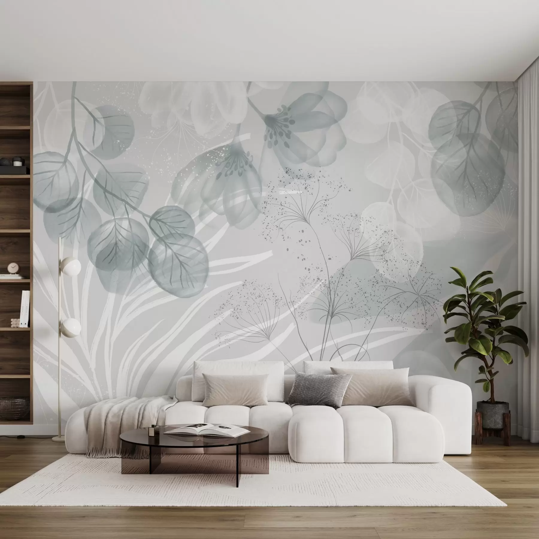 Fototapete Florale Eukaliptus-Elemente in Blau- und Weißtönen mit sich überlappenden Blättern und Blütenblättern im minimalistischen Stil w08599