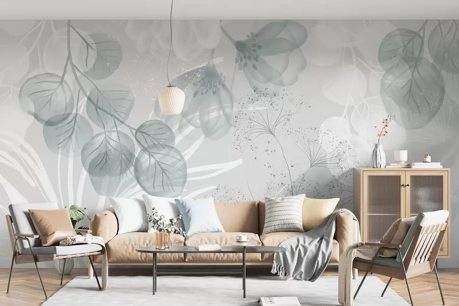Fototapete Florale Eukaliptus-Elemente in Blau- und Weißtönen mit sich überlappenden Blättern und Blütenblättern im minimalistischen Stil w08599