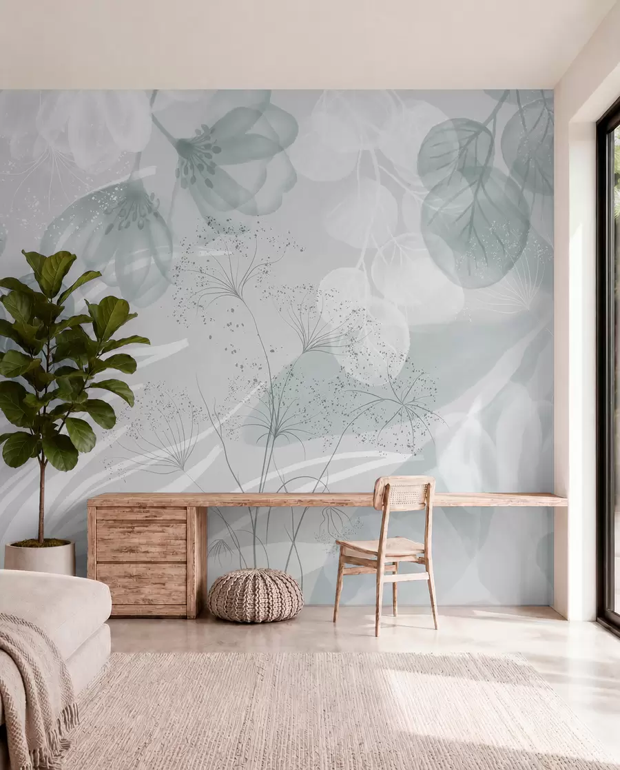 Fototapete Florale Eukaliptus-Elemente in Blau- und Weißtönen mit sich überlappenden Blättern und Blütenblättern im minimalistischen Stil w08599