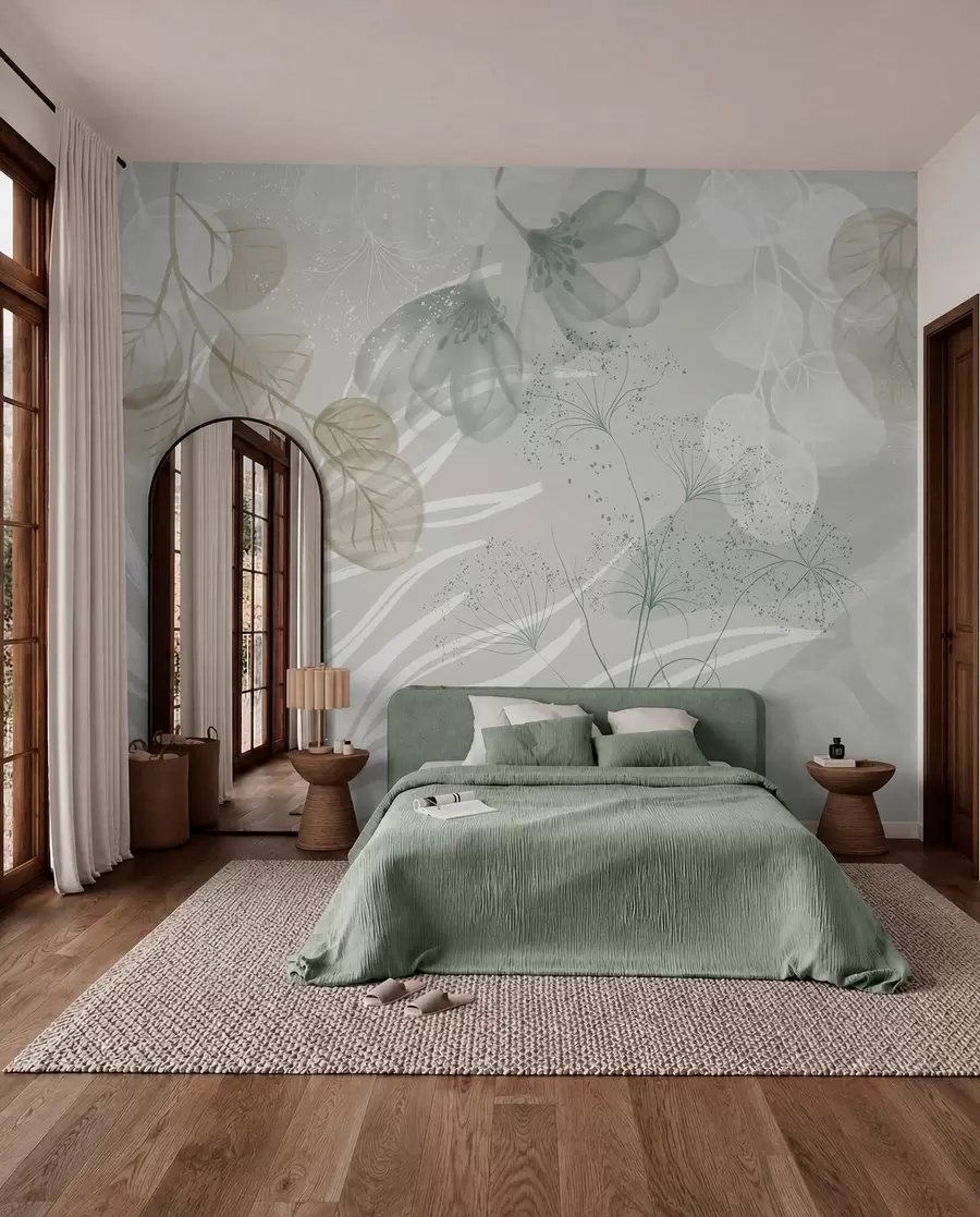 Fototapete Florale Eukaliptus-Elemente in Grün- und Weißtönen mit sich überlappenden Blättern und Blütenblättern im minimalistischen Stil w08599v1