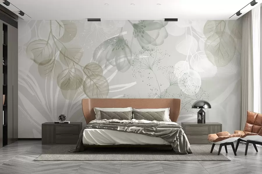 Fototapete Florale Eukaliptus-Elemente in Grün- und Weißtönen mit sich überlappenden Blättern und Blütenblättern im minimalistischen Stil w08599v1