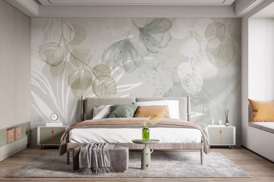 Fototapete Florale Eukaliptus-Elemente in Grün- und Weißtönen mit sich überlappenden Blättern und Blütenblättern im minimalistischen Stil w08599v1