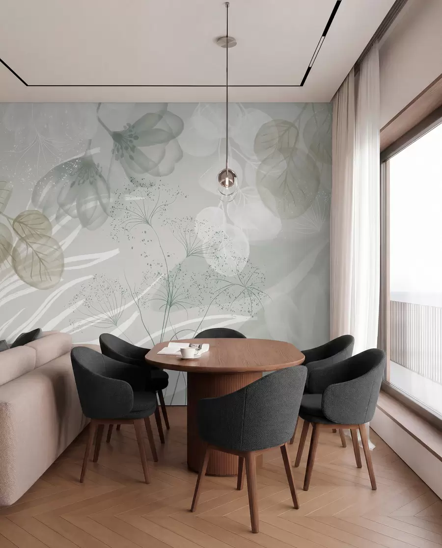 Fototapete Florale Eukaliptus-Elemente in Grün- und Weißtönen mit sich überlappenden Blättern und Blütenblättern im minimalistischen Stil w08599v1