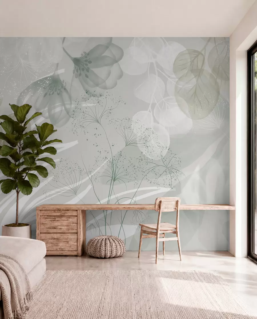 Fototapete Florale Eukaliptus-Elemente in Grün- und Weißtönen mit sich überlappenden Blättern und Blütenblättern im minimalistischen Stil w08599v1