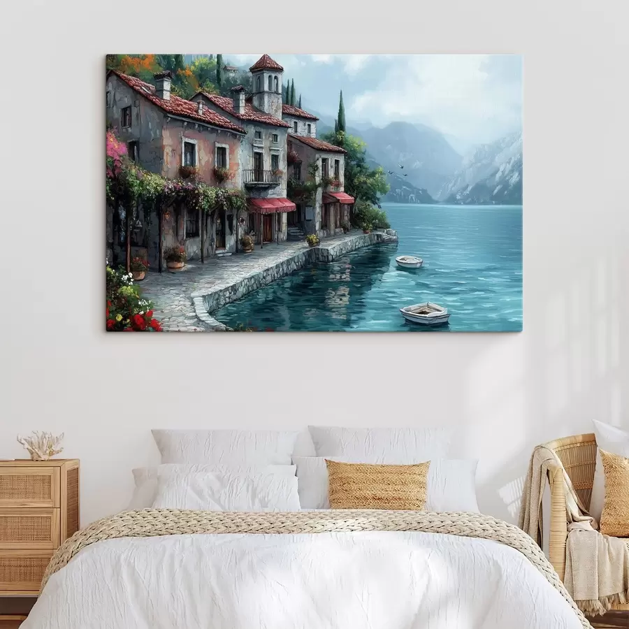 Wandbilder Haus oberhalb des Sees in den Bergen s42334